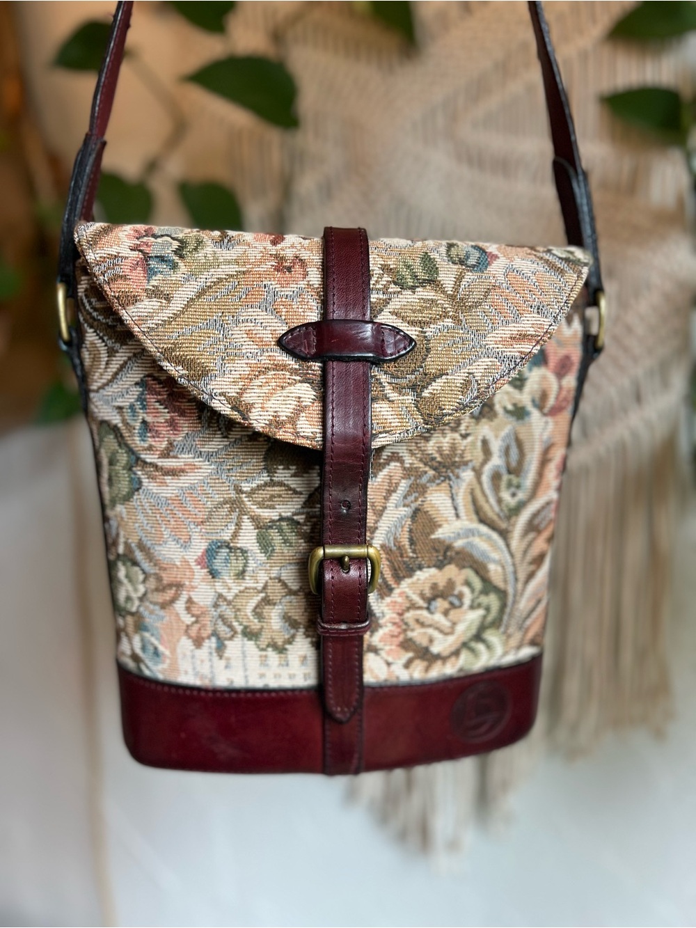 Vintage Floral Tapestry Crossbody Bag Leather Boho Cottagecore Bucket Purse - Picture 14 of 14